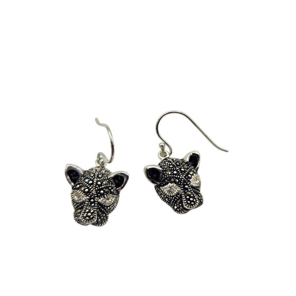 Panther Marcasite Head Dangle Earrings Black Sterling Silver 925